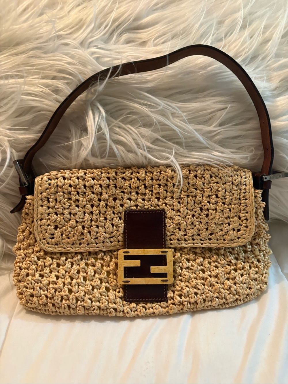 Rare Fendi Zucca Mamma Baguette Handbag Hobo Bag Beige Brown